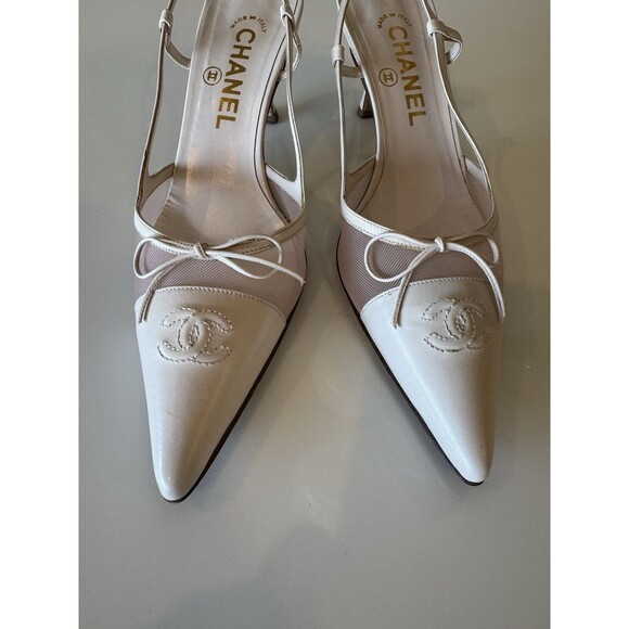 Chanel Iconic "CC" Light Pink Toe Cap Bow Mesh Slingback Heels Italy Size 39 - Picture 3 of 10